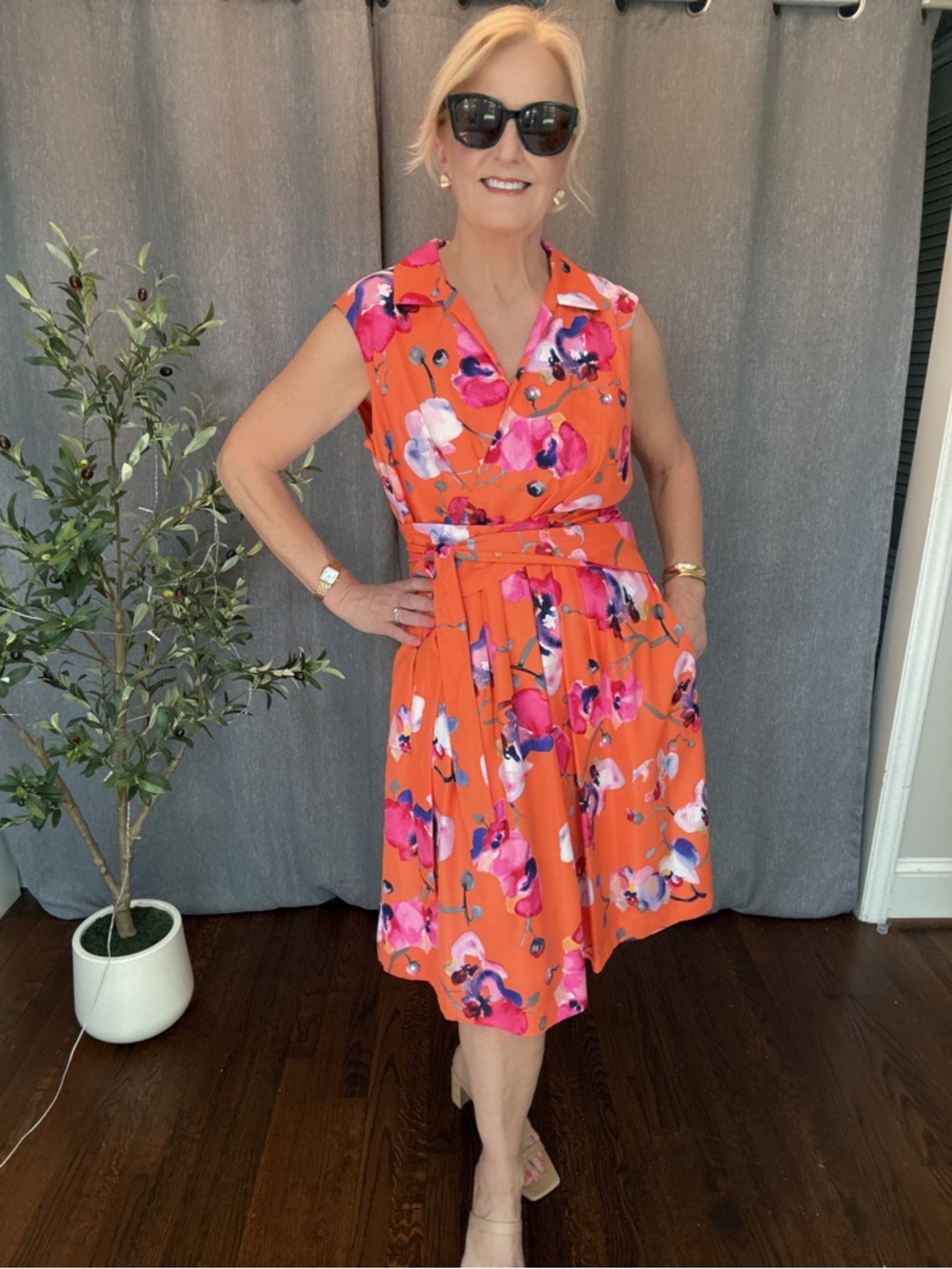 Ellen Tracy Orange Floral Midi Dress (Size L)  Pleated Skirt, Sash, Pockets